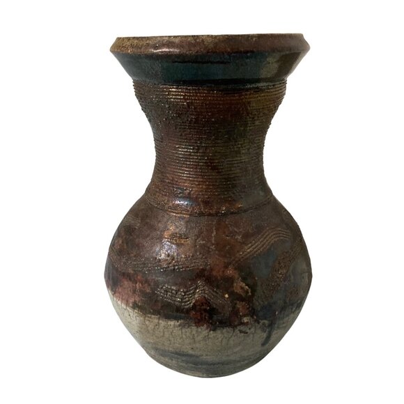 Raku Pottery Vase With Elemental Vibes Signed - Picture 2 of 8